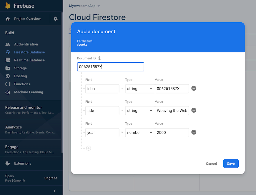 Creating your first Firestore document (record)